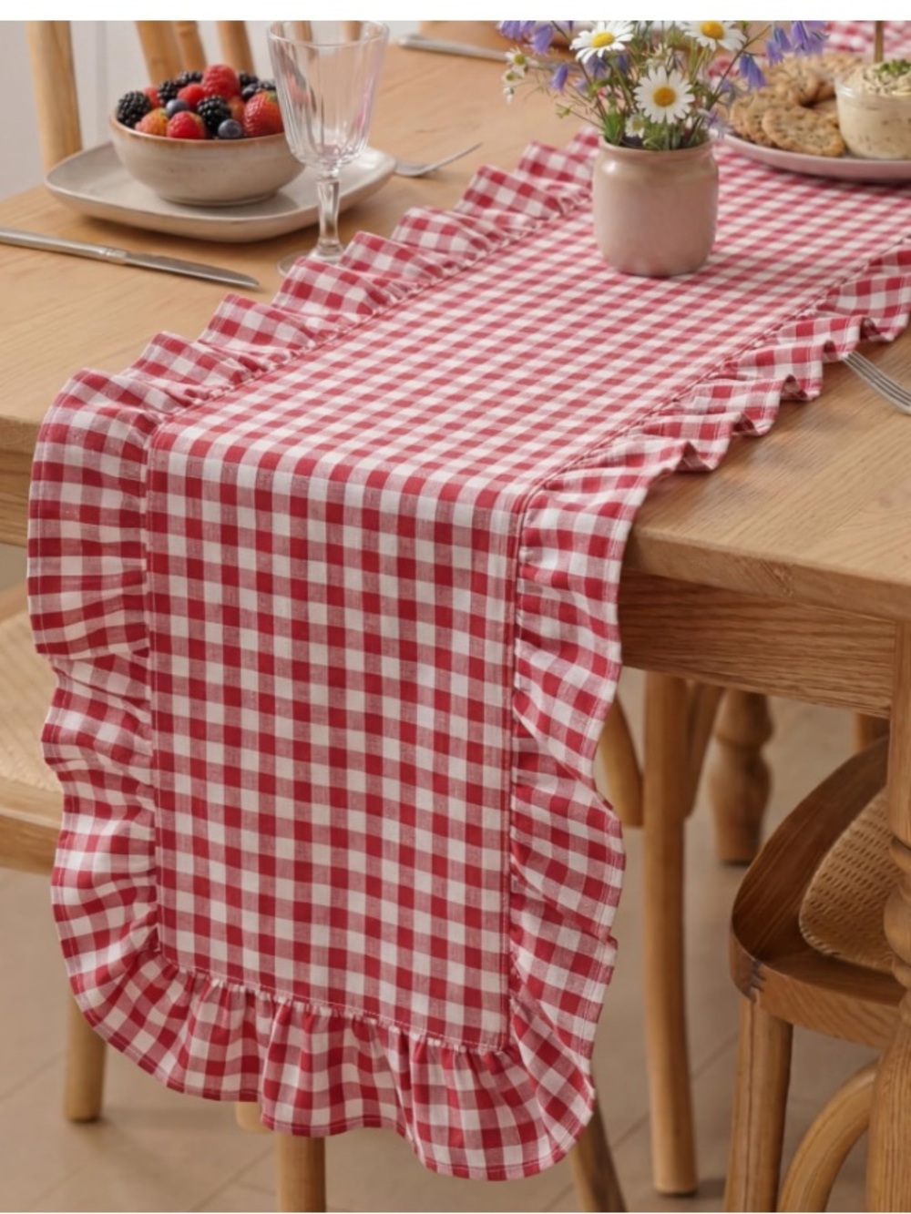 Gingham Ruffle Tablecloth 12x72” RED